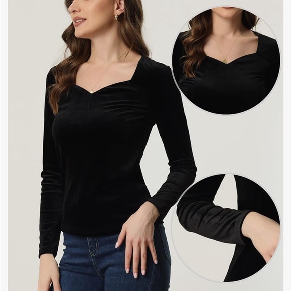 Allegra K Velvet Tops for Women's Long Sleeves Sweetheart Neck Blouse - Picture 2 of 3